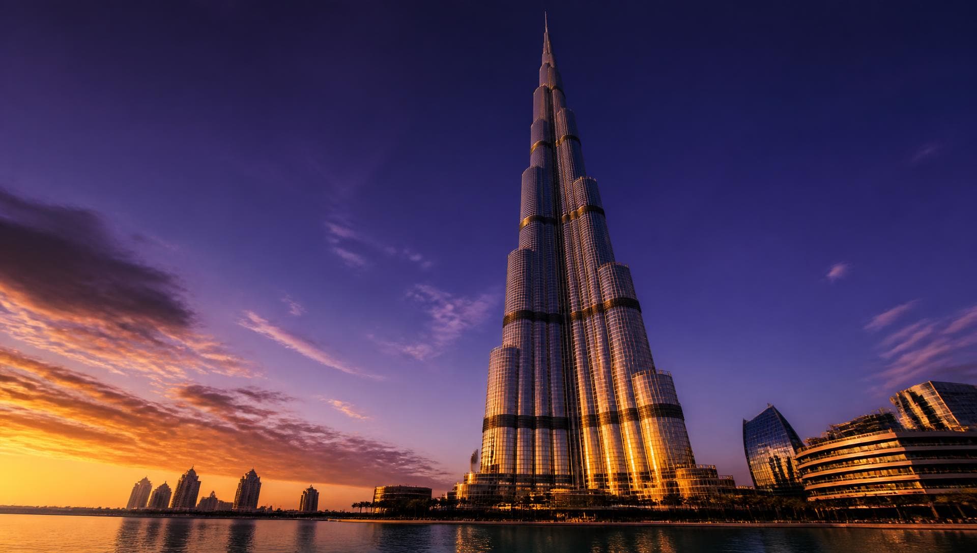 Completed landmark tower at golden hour